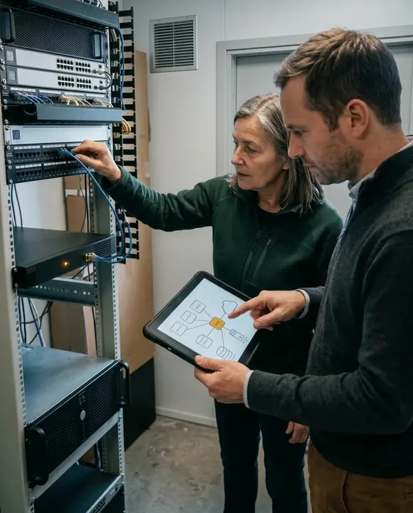 Un architecte examine avec une responsable une cartographie reliant applications, données, réseau et infrastructure d’un système d’information hybride.