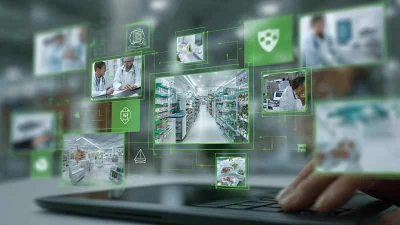 Illustration de la transformation numérique multi-sectorielle d'Econovia montrant des solutions adaptées aux défis spécifiques des secteurs santé, finance, industrie, juridique, commerce et éducation avec approche Make IT Green