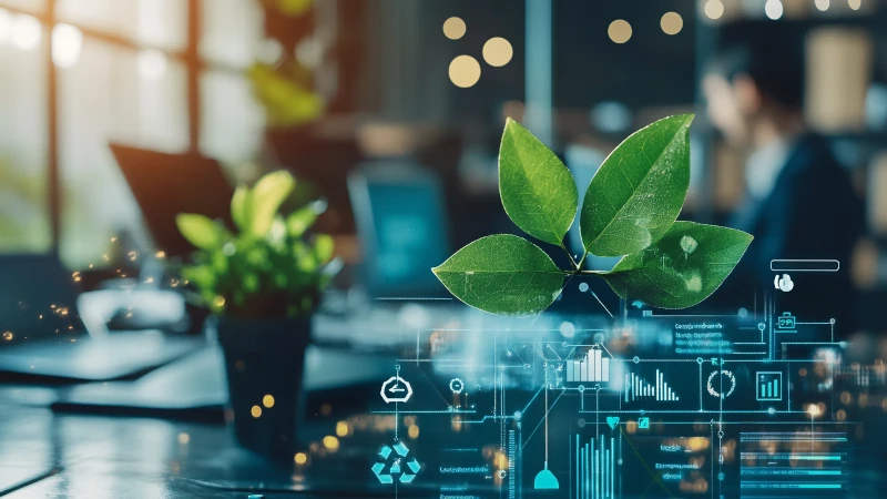 Séance de consultation professionnelle entre experts Econovia et dirigeants d'entreprise pour discuter de projets de transformation numérique durable, avec documents stratégiques et solutions Make IT Green personnalisées sur la table