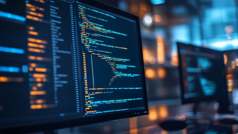 Interface de développement web moderne montrant du code clean et des applications PWA éco-responsables, avec architecture scalable et intégrations API pour solutions métier sur-mesure