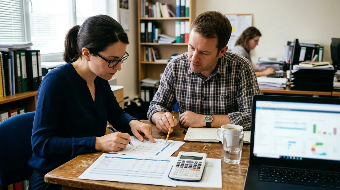 Deux personnes examinent des tableaux chiffrés sur papier, devant un ordinateur portable dans un bureau.