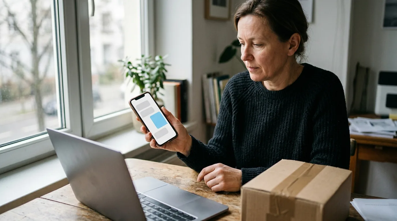 Près d’une fenêtre, une cliente consulte sur son téléphone la conversation dans laquelle se joue le choix de son achat en ligne, son ordinateur portable ouvert devant elle et un colis posé sur la table.