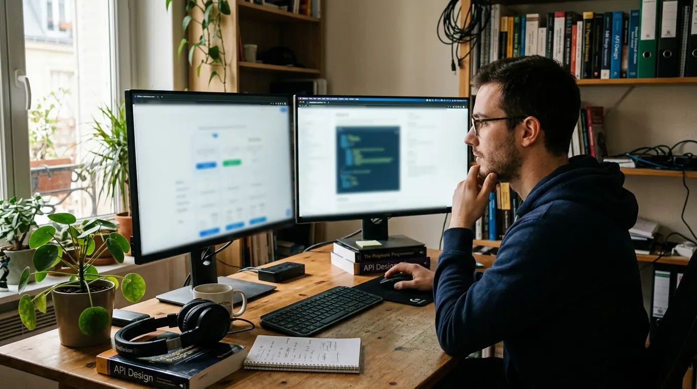 Une personne à son bureau consulte un tableau comparatif et une interface technique sur deux écrans.