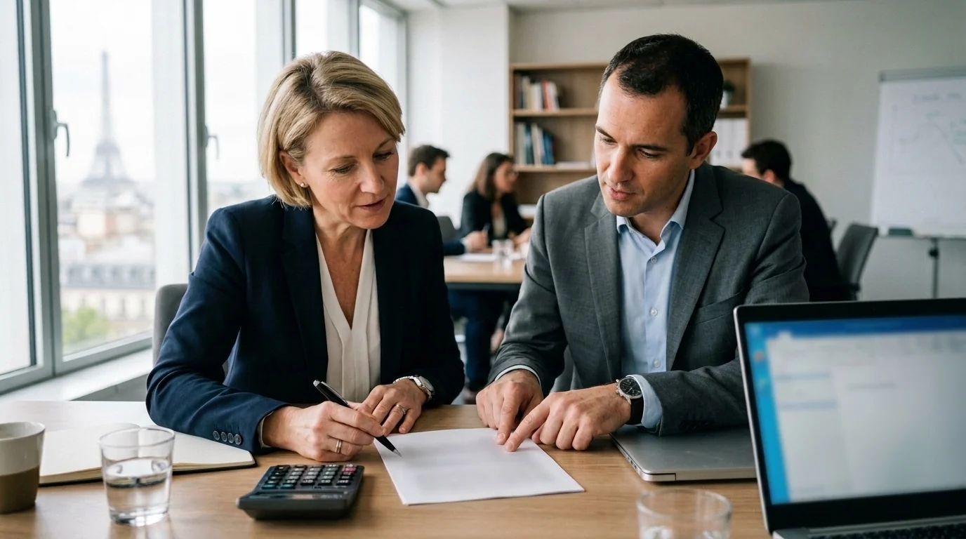 Deux professionnels examinent un document, avec une calculatrice et des ordinateurs sur leur table.
