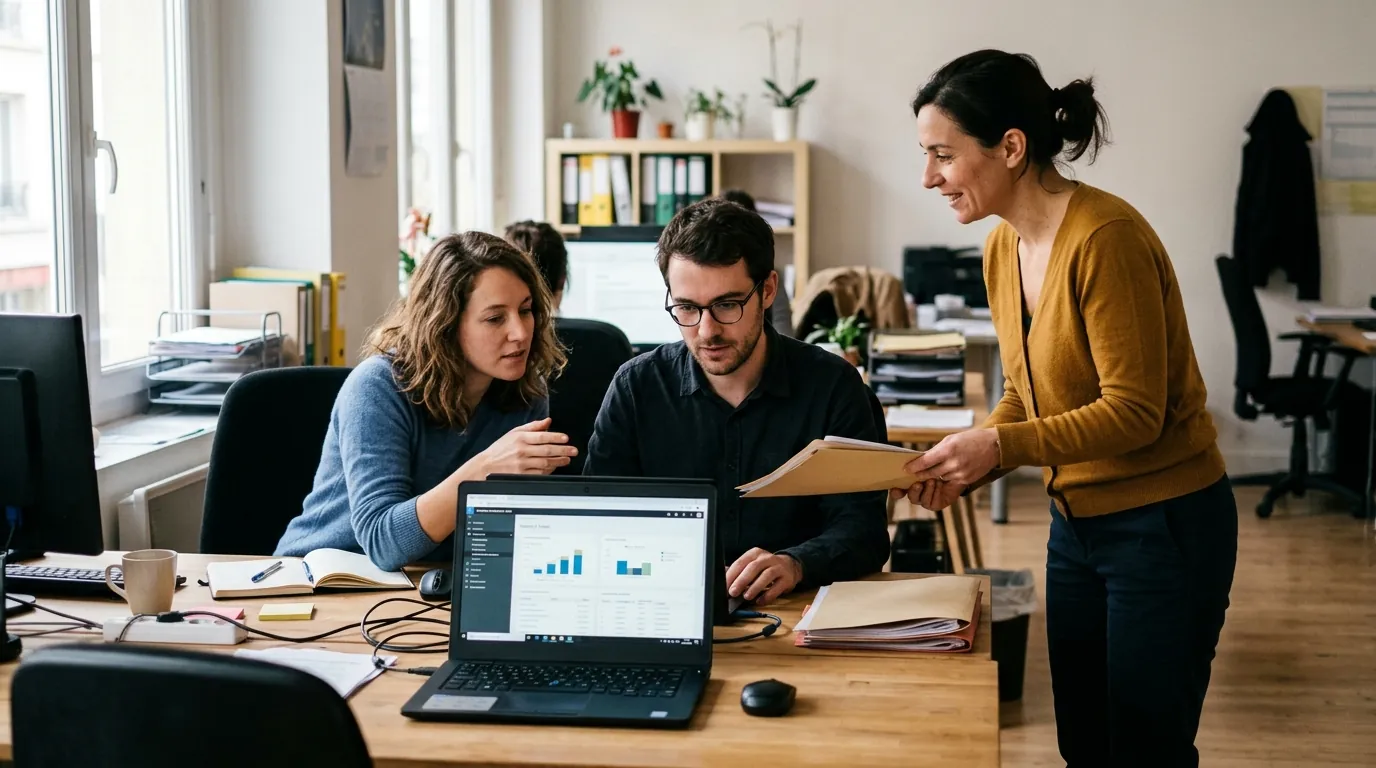 Trois collègues échangent autour de dossiers et d’un ordinateur portable dans un bureau.