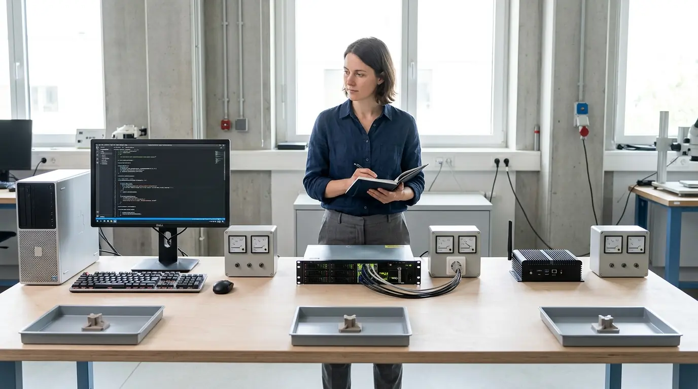 Une femme prend des notes devant plusieurs ordinateurs et appareils de mesure disposés sur une paillasse.