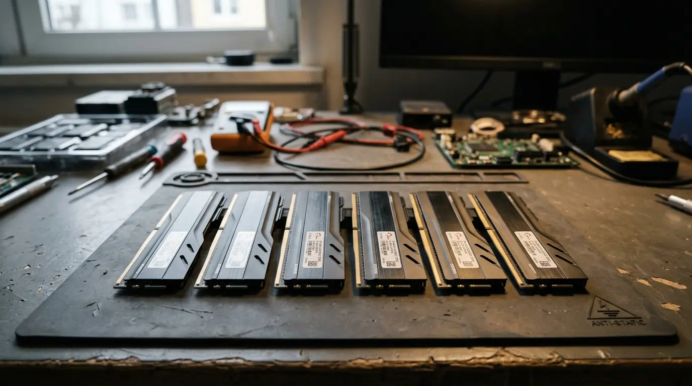 Barrettes de mémoire DDR5 posées sur un plan de travail technique, éclairage tamisé, tons sobres et naturels.