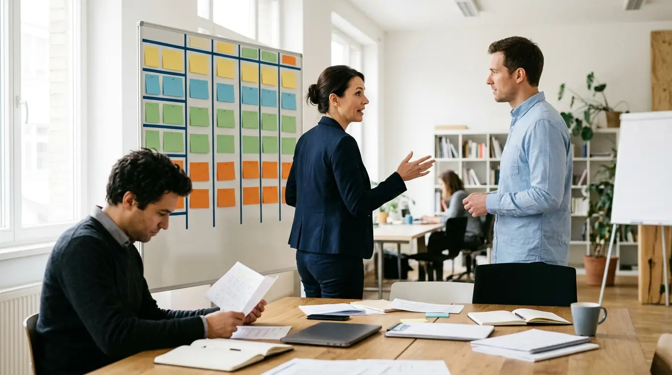 Deux collègues échangent devant un tableau de planning tandis qu’un troisième lit un document.