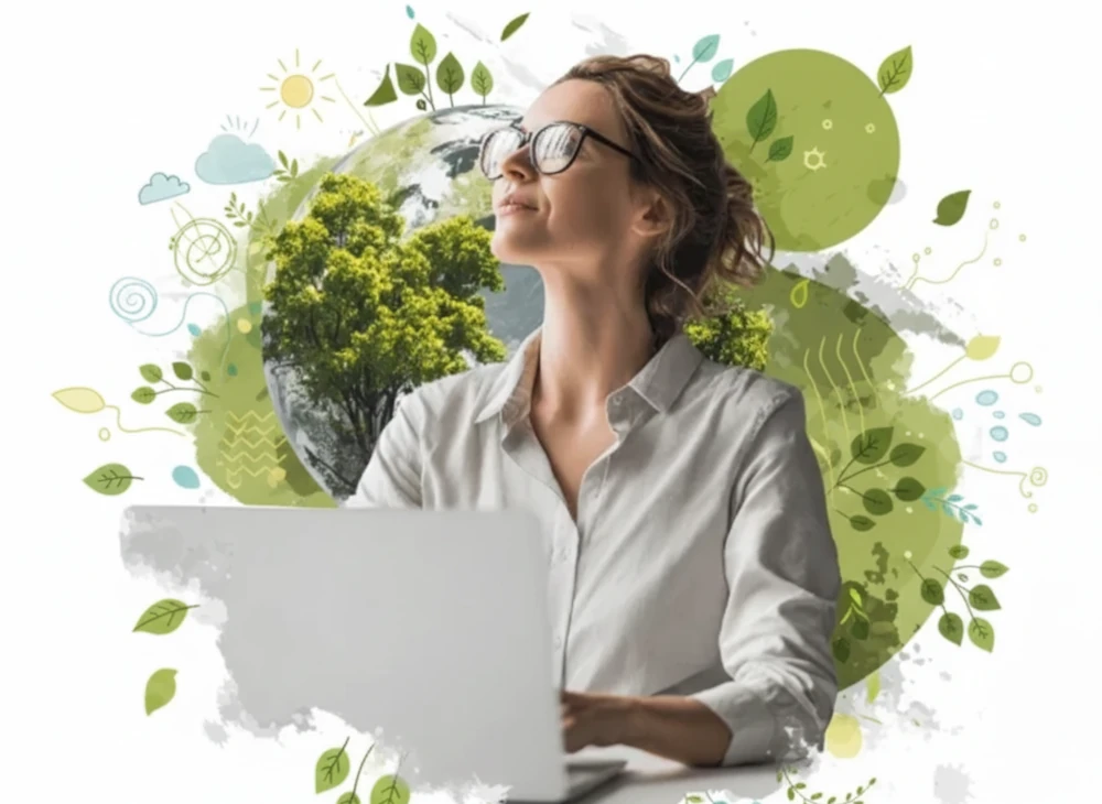 Une femme travaille sur un ordinateur portable, entourée d'illustrations vertes symbolisant le développement durable et la nature, avec des feuilles et des éléments graphiques abstraits.