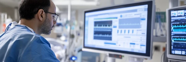 Interface de digitalisation du parcours patient en milieu hospitalier montrant télémédecine, dossiers patients électroniques sécurisés RGPD et solutions e-santé développées par Econovia pour optimiser les soins