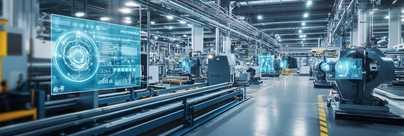 Usine connectée avec capteurs IoT, maintenance prédictive et solutions industrie 4.0 développées par Econovia pour optimiser la production manufacturière et réduire l'empreinte carbone industrielle