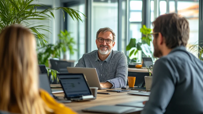 Équipe d'experts Econovia collaborant sur des projets de transformation numérique durable, utilisant des technologies éco-responsables pour le marketing digital, développement web et infrastructure IT